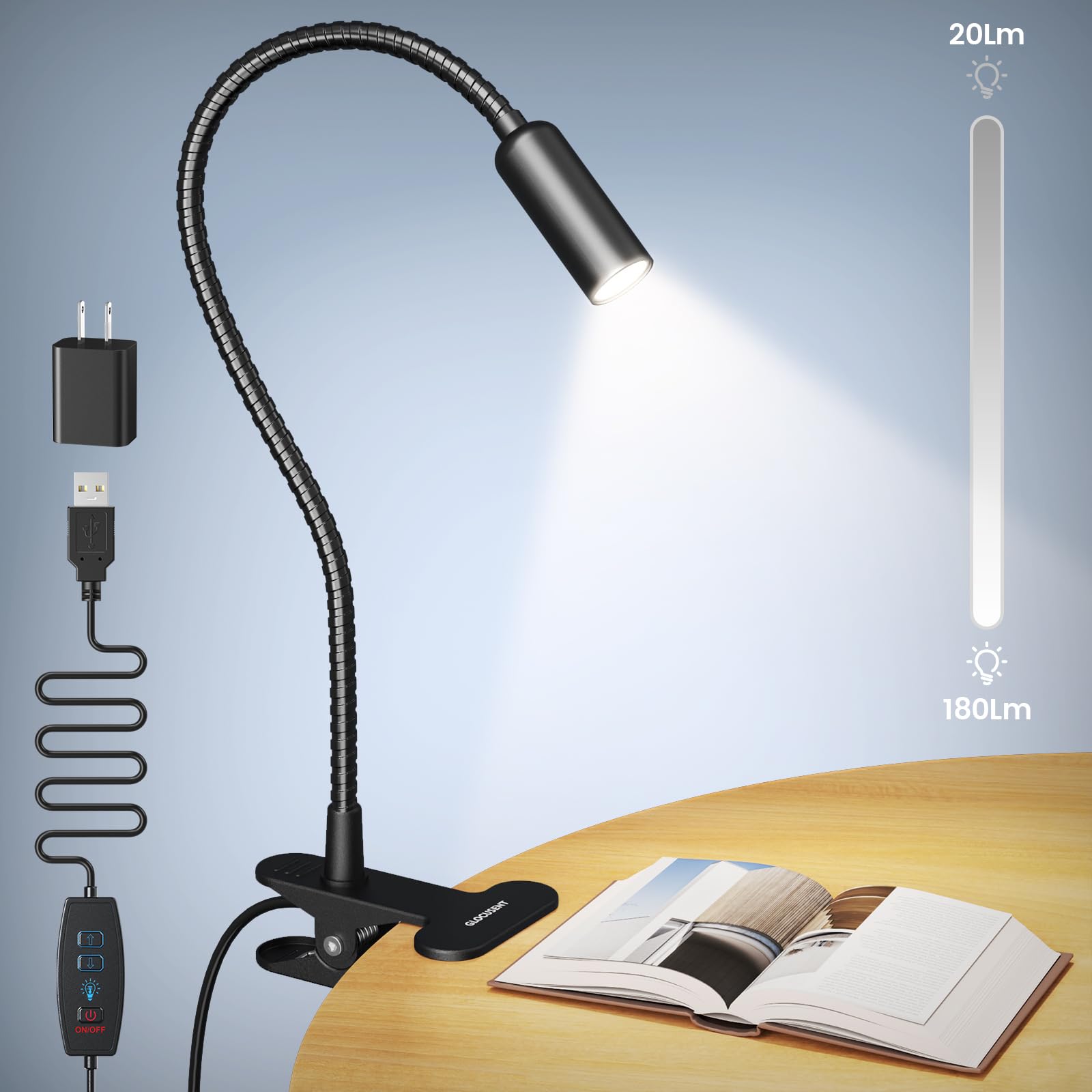 Glocusent Clip on Light: 10 Brightness Levels from 20 to 180LM LED Reading Light with Clamp and Flexible Gooseneck - Eye Caring Book Lights for Reading at Night, Clip on Desk Bed Headboard