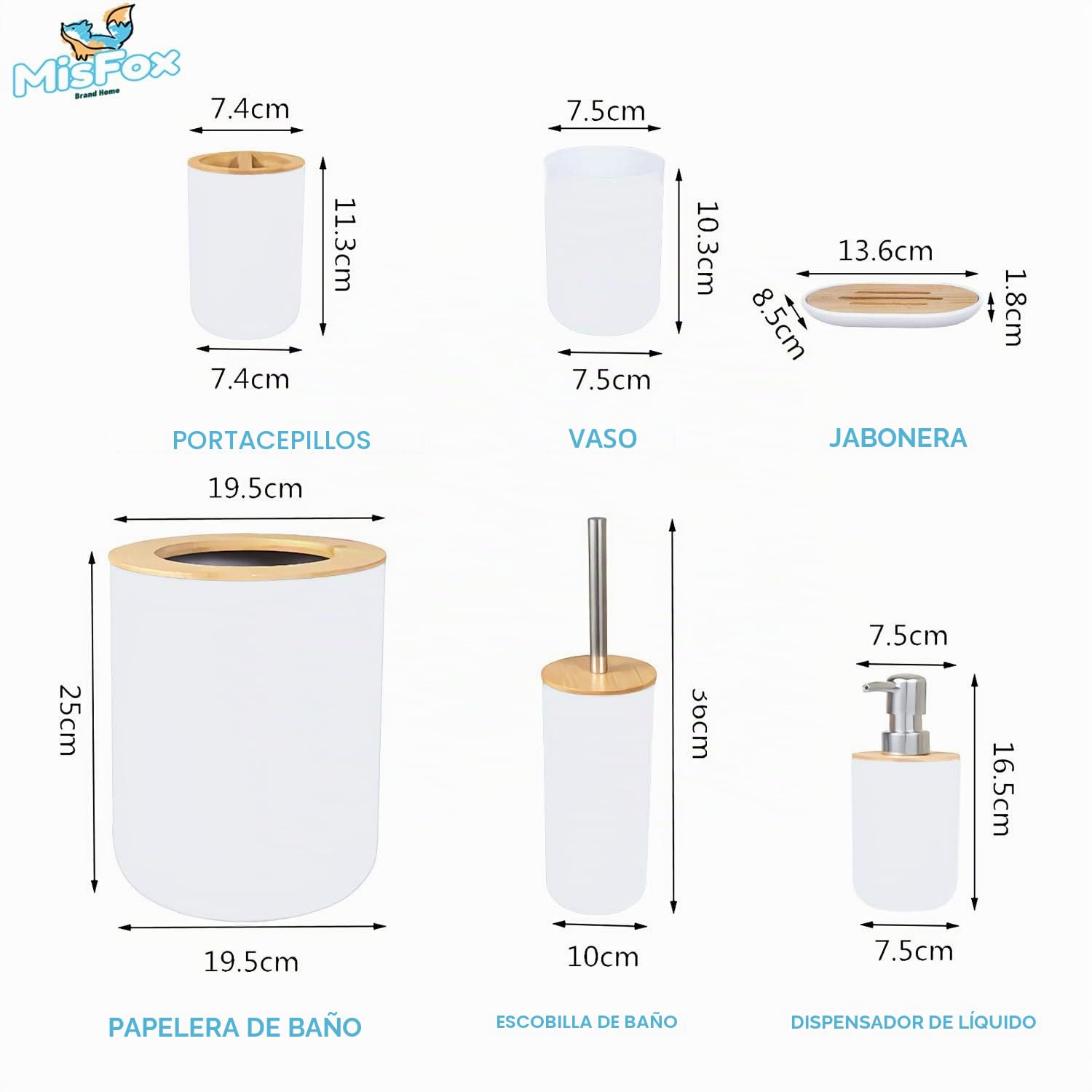 Juego de 6 Piezas Accesorios de Baño de Bambú con Dispensador de Jabón, Cubo de Basura, Vaso para cepillo de dientes, Soporte para cepillo de dientes, Jabonera y Escobilla para inodoro - Blanco