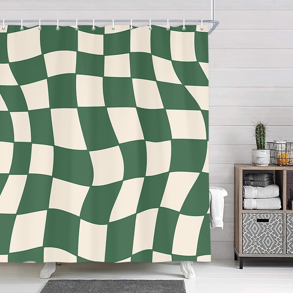 Cute Green Checkered Shower Curtain,Vintage 60s 70s Modern Abstract Funky Bathroom Accessories, Trendy Wavy Hippie Grid Fun Aesthetic Groovy Retro Minimal Fabric Bath Curtain Set with Hook, 69X75in