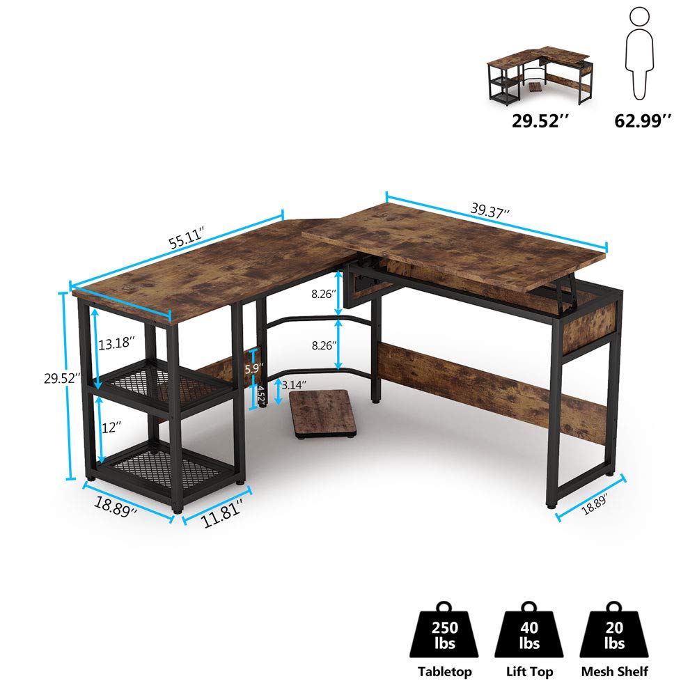 Tribesigns L Shaped Desk with Lift Top, Rustick Sit to Stand Corner