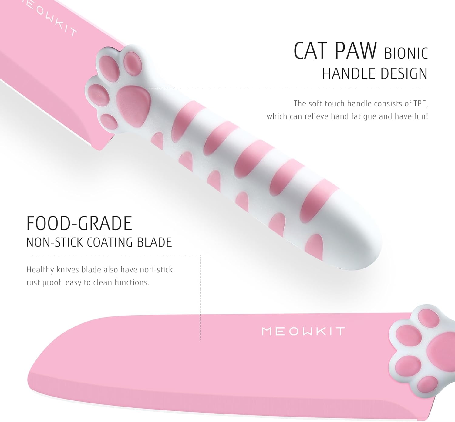 Cat Paw Cute Kitchen Knife Set,3 pieces Non-Stick Knives,Sharp for Chopping, Slicing, Dicing and Cutting, Pink