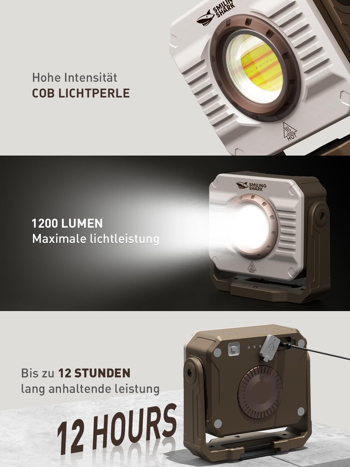 Smiling Shark Werkstatt Licht, 1200lm Tragbar Werkstattlicht 5000mAh Wiederaufladbare Dimmbar 3 Modu Licht 360°Drehbar Haken Kabellos LED Werkstattlampe mit Magnet für Working Reparatur Garage Camping