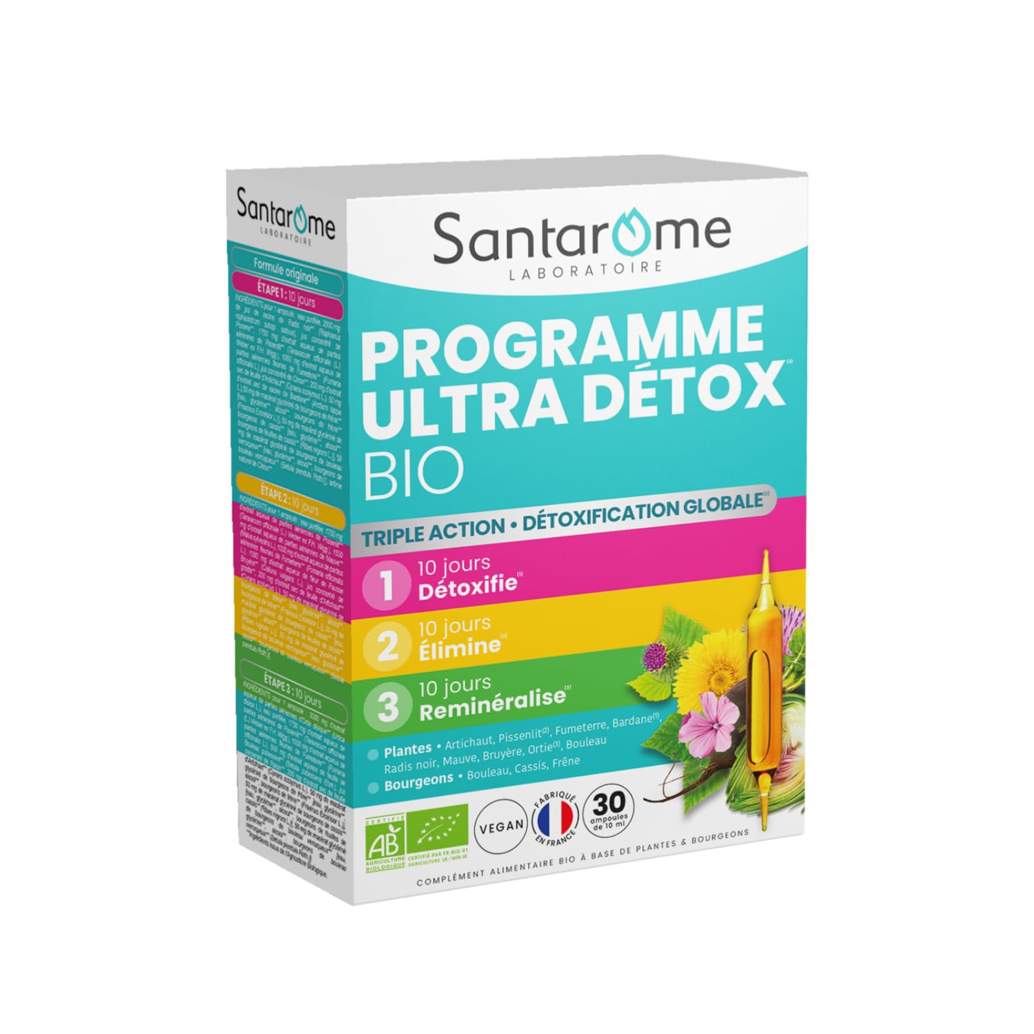 Santarome Bio - Programme Ultra Détox Bio | Complément Alimentaire Détox | Détoxe, Elimine, Reminéralise - A base de plantes Bio - Artichaut, Radis Noir, Bardane | Cure 1 mois | Végan | Made In France