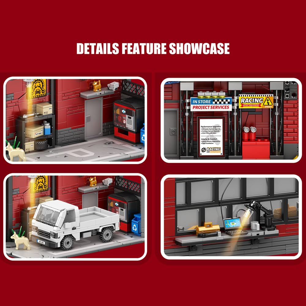 39148 American-Style Parkplatz Reparatur Shop Baustein Set mit Beleuchtung, 2819 Stück Shop Gebäude Modell Baustein Sets, Erwachsene Kreative Enthusiasten Modell Geschenke und Sammlerstücke