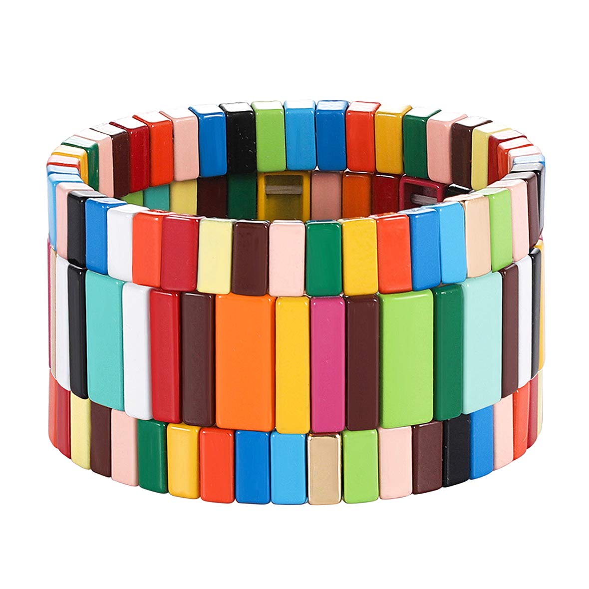 PHALIN Enamel Tile Bracelets Rainbow Tile Bead Bracelet for Women Men Elastic Stackable Colorblock Strand Stretch Bracelet Set Handmade Bohemia Laying Bracelets