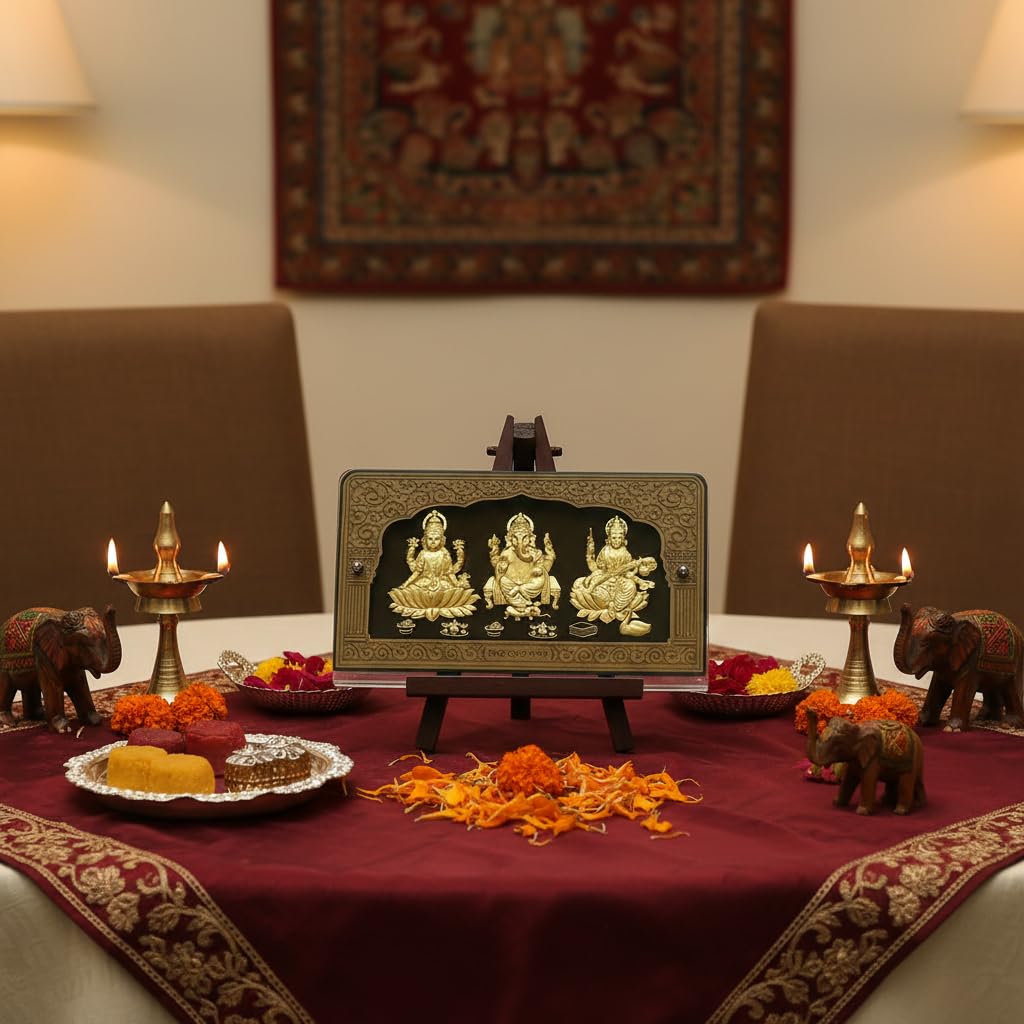 Aarya24KT Solid Carved Laxmi Ganesh Saraswati Trio | Gold Foil