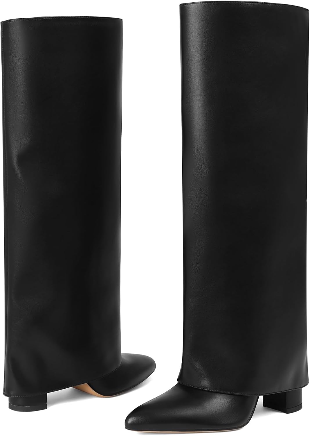 Lyrisiphy Knee High Slouchy Boots Women Fold Over Chunky High Heeled Wide Calf Boots Pointed Toe Shark Casual Tall Boots with Half Side Zipper