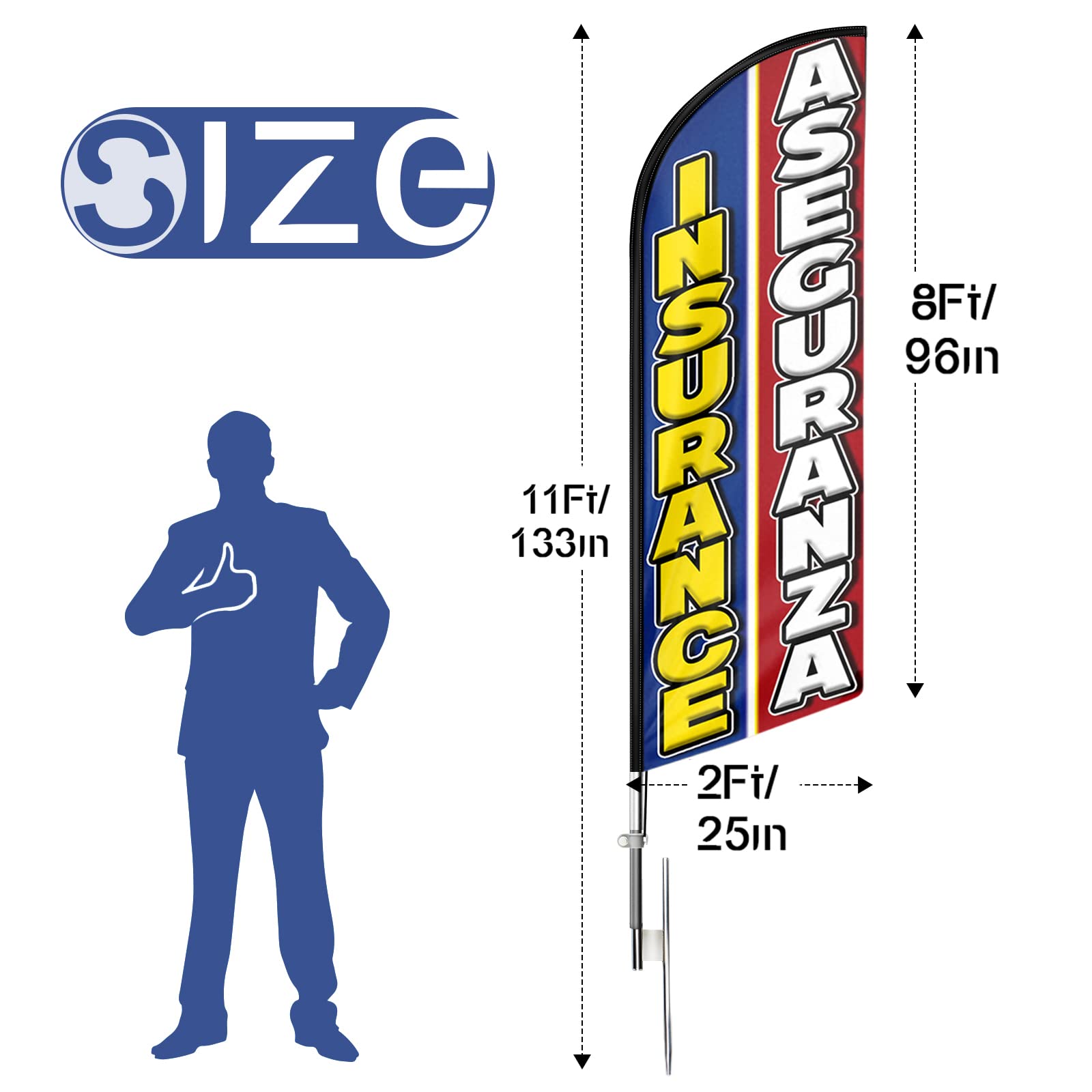 Bandera de seguro, banderas de seguro con kit de poste de 11 pies, bandera de seguro con juego de poste para negocios, bandera de plumas publicitarias para tiendas de seguros