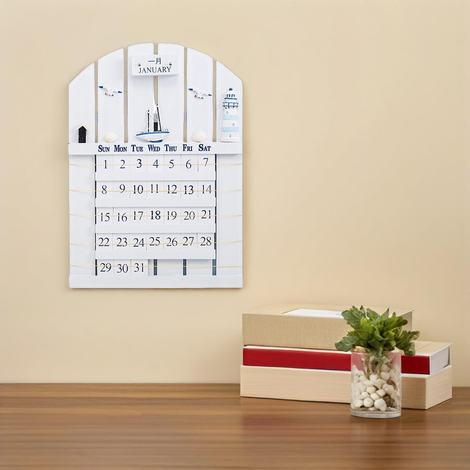 Calendario de Pared de Madera Mdf Estilo Mediterráneo Resistente y No Fácil de Deformar para Adorno de Hogar y Fiesta Verano