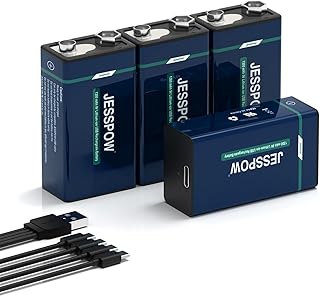 4 Pack Rechargeable 9V Batteries, 1300mAh 9 Volt Lithium Battery with 4 in 1 USB-C Charge Cable for Smoke Detector, Electronic Toys, LED Lighting Devices, Walkie-Talkie,Alarms