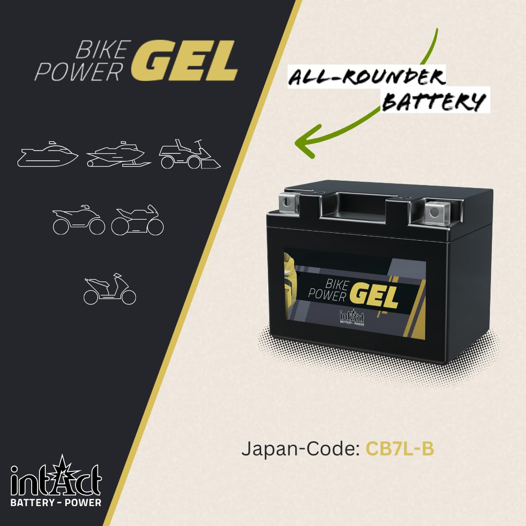 intAct - Bike-Power GEL12-7L-B CB7L-B, 50712, Batería de moto 12V 8 Ah 130 A (EN), Batería de moto de gel sin mantenimiento con un 30% más de potencia de arranque, para scooters, motos, quads