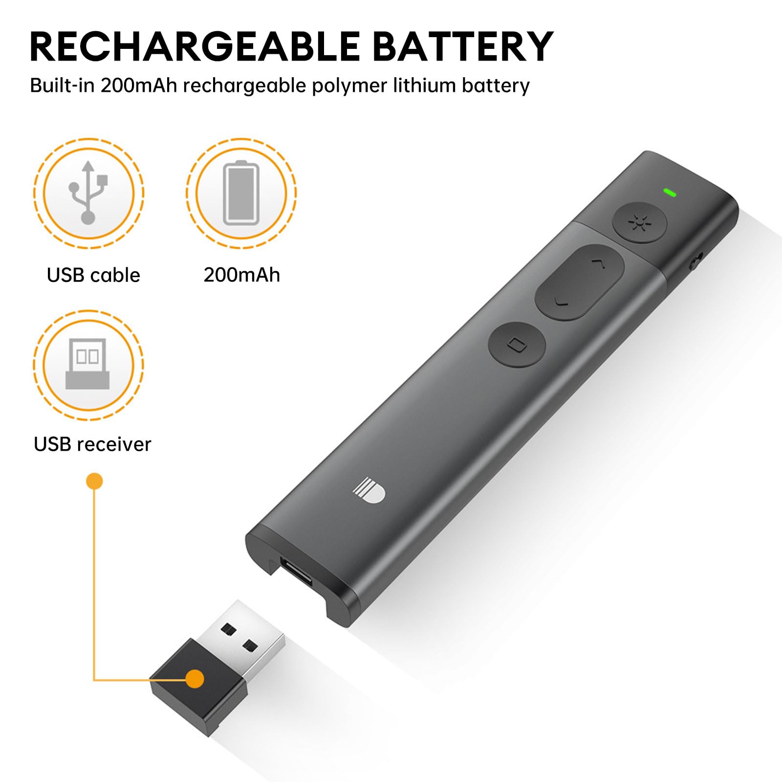 Telecomando per presentazioni wireless ricaricabile di alta qualità | Connettività a 2,4 GHz, portata di 30 m, puntatore luminoso, ricevitore USB, compatibile con PC/Mac/Android - Ideale per presentaz
