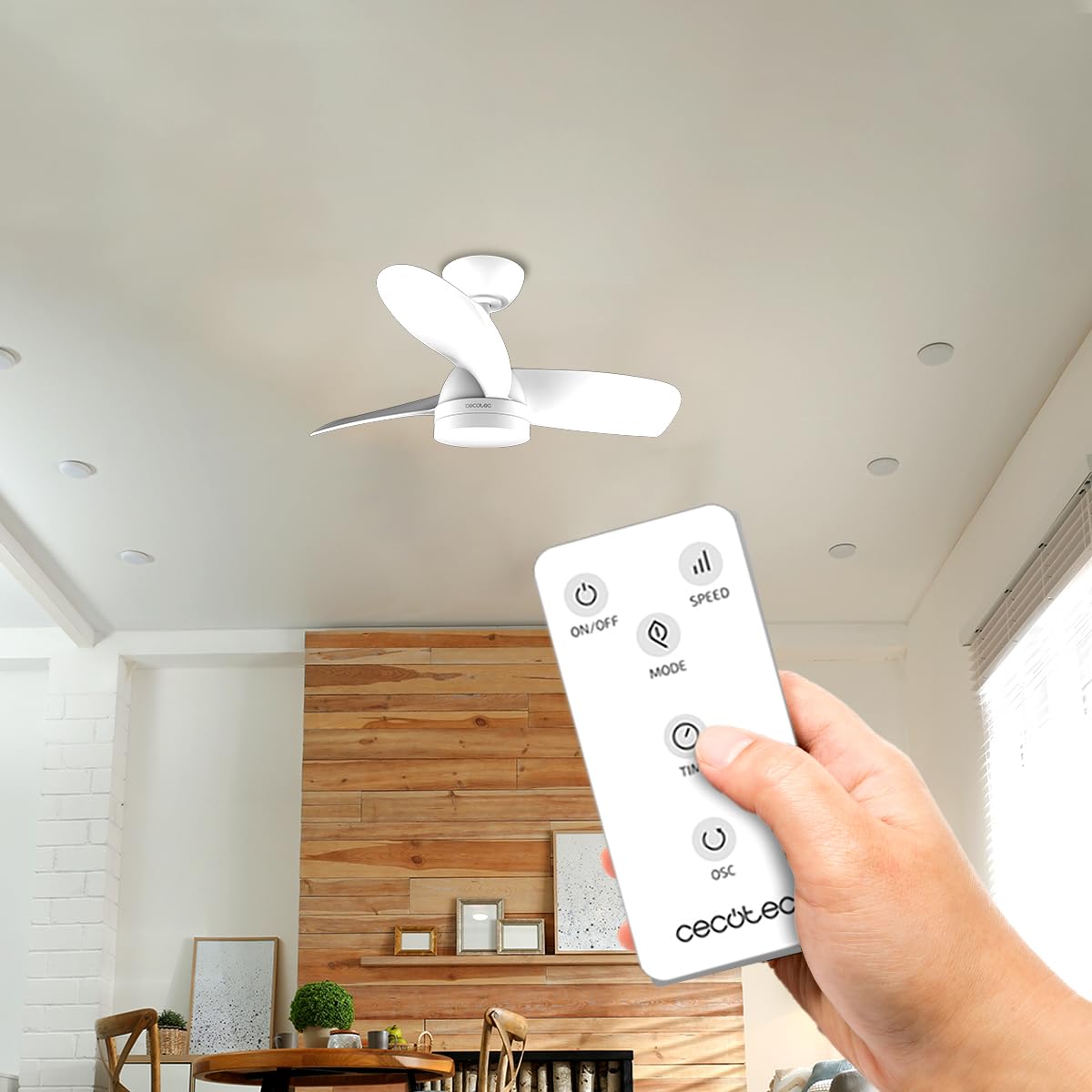 Cecotec Ventilador de Techo con Luz EnergySilence Aero 3050 White. 35 W, Motor DC, Diámetro 36” con luz LED, Mando a distancia, Temporizador, 6 Velocidades y 3 Aspas