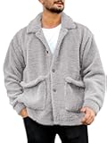Mens Fuzzy Sherpa Jacket Fleece Long Sleeve Button Down Coat Fall Winter Warm Outwear