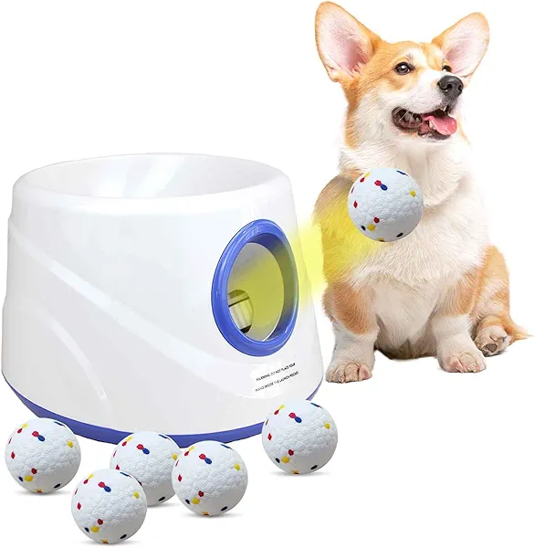 Automatic Ball Launcher for Dogs,Dog Ball Thrower Launcher with 3 Launching Distance 20-45FT,6PCS 2.3 Inch ETPU Tennis Balls,Interactive Dog Toys Indoor Outdoor Ball Thrower Machine for Medium Dogs