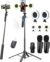 Vlogging Kit for iPhone/Android, 63”Auto Face Tracking Tripod for iPhone with Light, Wireless Microphones, Scrolling Remote Control for TikTok, Content Creator Kit for YouTube Starter
