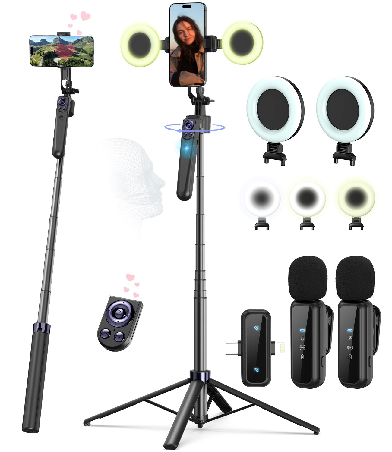Vlogging Kit for iPhone Android 63 Auto Face Tracking Tripod for iPhone with Light Wireless Microphones Scrolling Remote