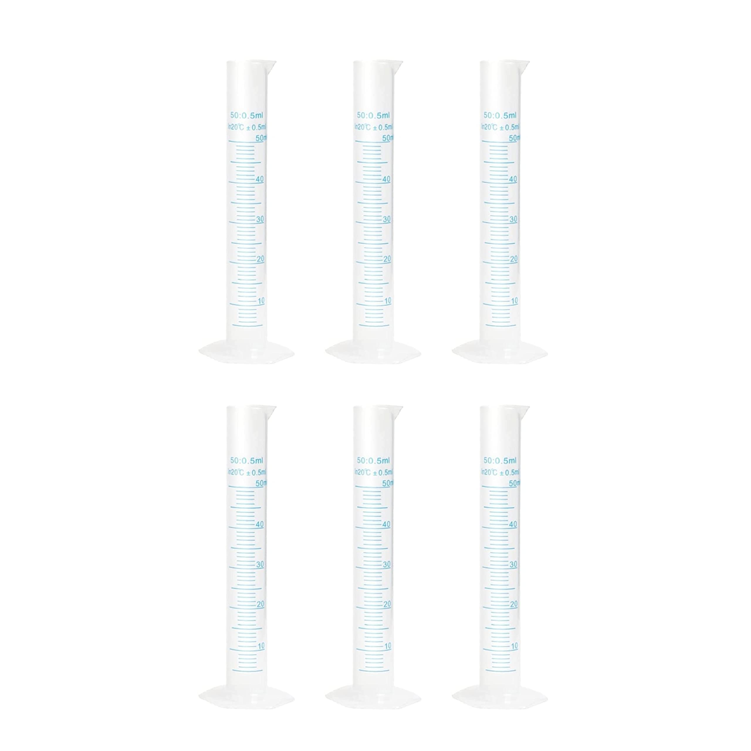 Salco Scientific Plastic Measuring Cylinder Set of 6, 50ml Polypropylene Material Hexagonal Base, Blue Printed Graduation