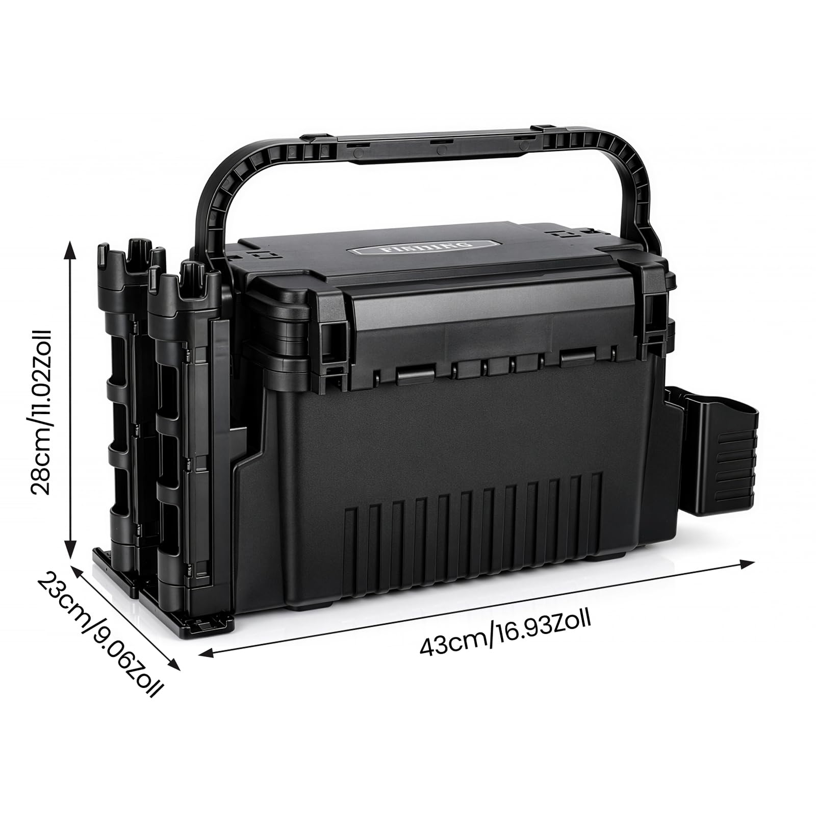 2-stöckig Groß Angelkoffer Tackle Box mit Rutenhalter & Becherhalter, klappbarem Tragegriff, 43×23×28cm Angelbox Angel Zubehör Organizer Angelzubehör Kunstköderbox, Angelboxen, Angelkasten (Black) - 5