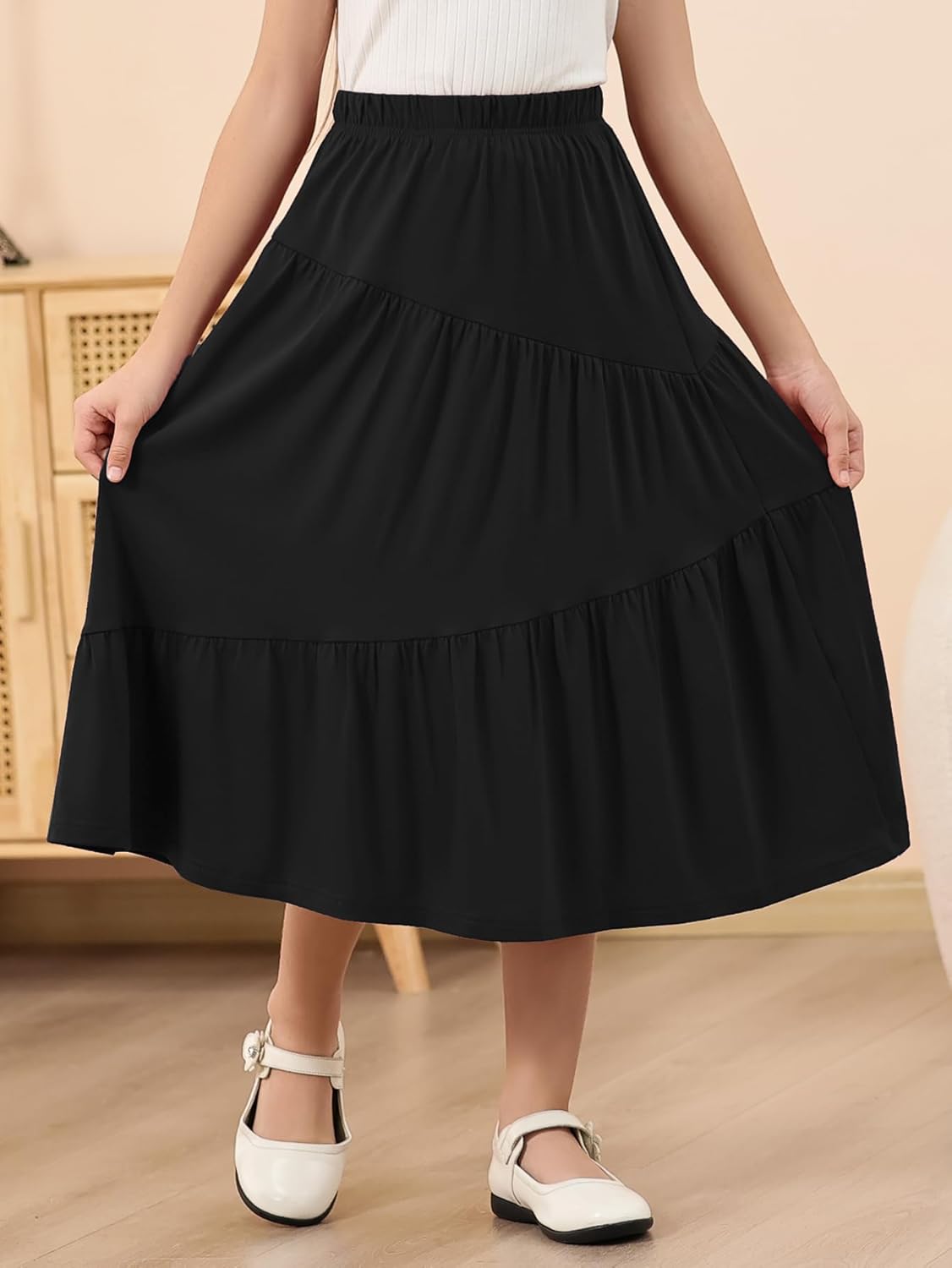 GORLYA Girls Holiday Casual Asymmetrical Tiered Ruffle Hem Long Swing Boho Fancy Maxi Skirt 6-14Y - Image 3