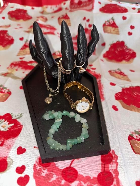 Gothic Monster Hand Jewelry Display Tray, Black Coffin Shape, 8.5 inch, for Rings, Necklaces, Watches (Black)