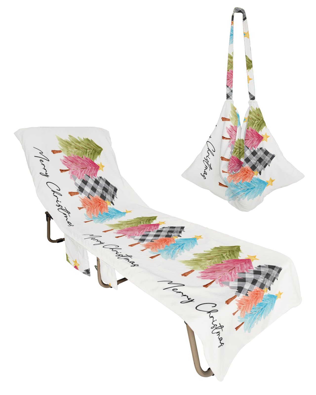 Christmas Tree Beach Chair Towel Covers for Chaise Lounge with Side Pocket, Soft Plush Pool Towels Cover for Patio Sunbathing Outdoor 29''x85'' Colorful Buffalo Plaid Checkered