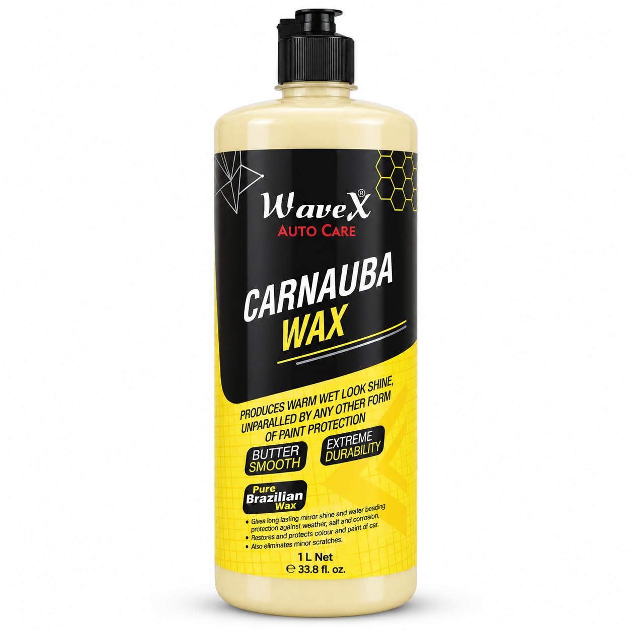wavex carnauba wax car polish cream (1 l) | car wax that provides deep wet shine | car wax polish for car paint, headlights & chrome components