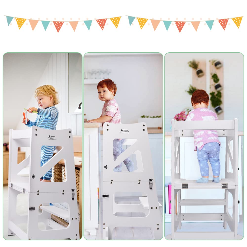 YOLEO Torre Montessoriana Bambini 3 in 1 Pieghevole Multifunzionale Learning Tower con Lavagna Magnetica Bifacciale Bianco