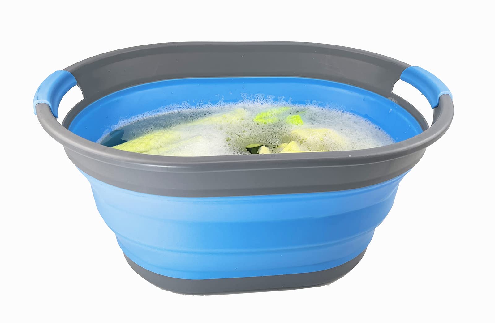 SAMMART Cesto portabiancheria ovale in plastica, 28 l, pieghevole, contenitore pop-up, portatile, salvaspazio (grigio/blu)