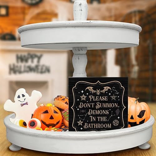 Miniatura 5 de Letrero decorativo de Halloween para Halloween, baño, madera, murciélagos, decoración de casa de campo, mesa y escritorio (5 x 5 pulgadas)