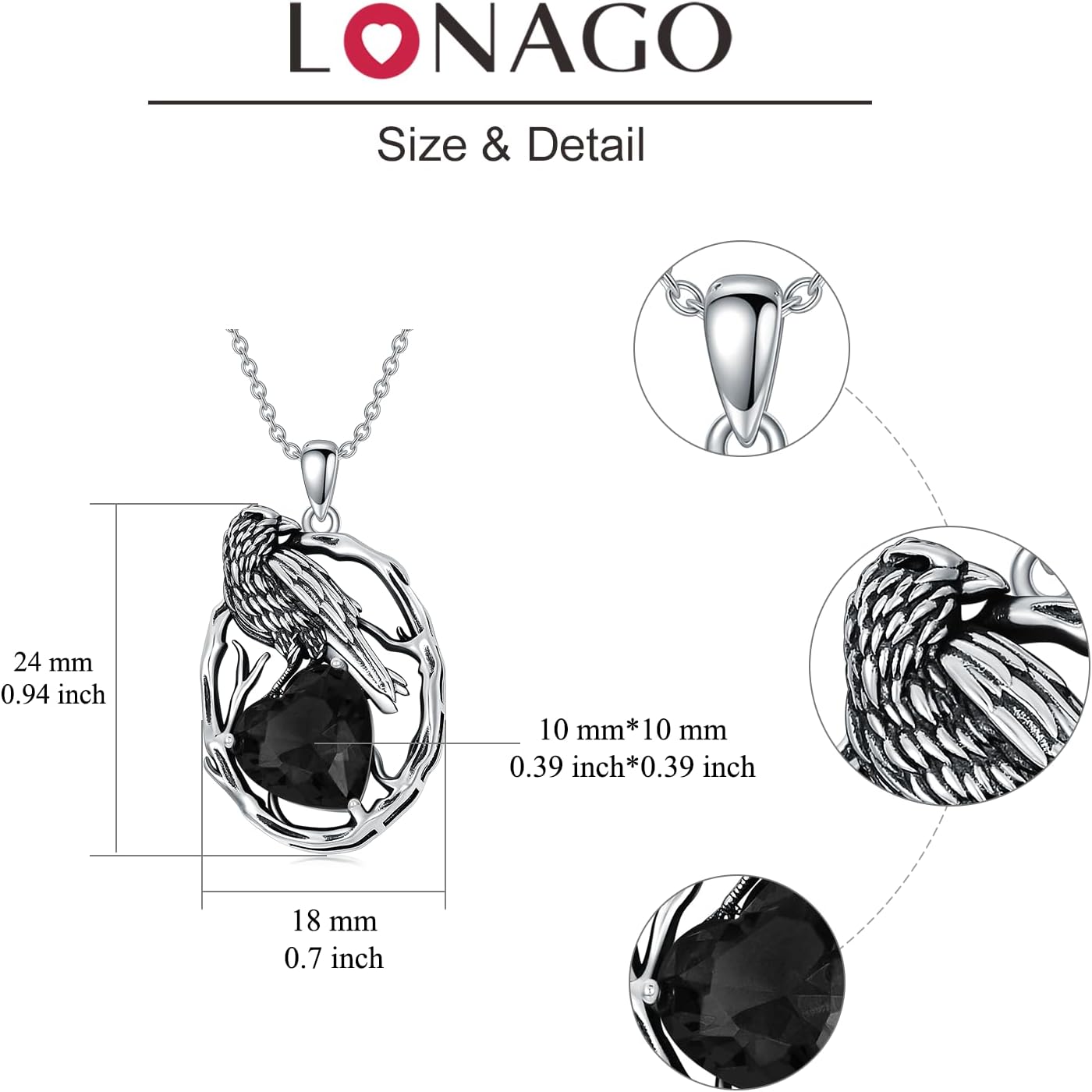 LONAGO Raven Necklace 925 Sterling Silver Crow Raven with Birthstone Pendant Necklace for Women - Image 4