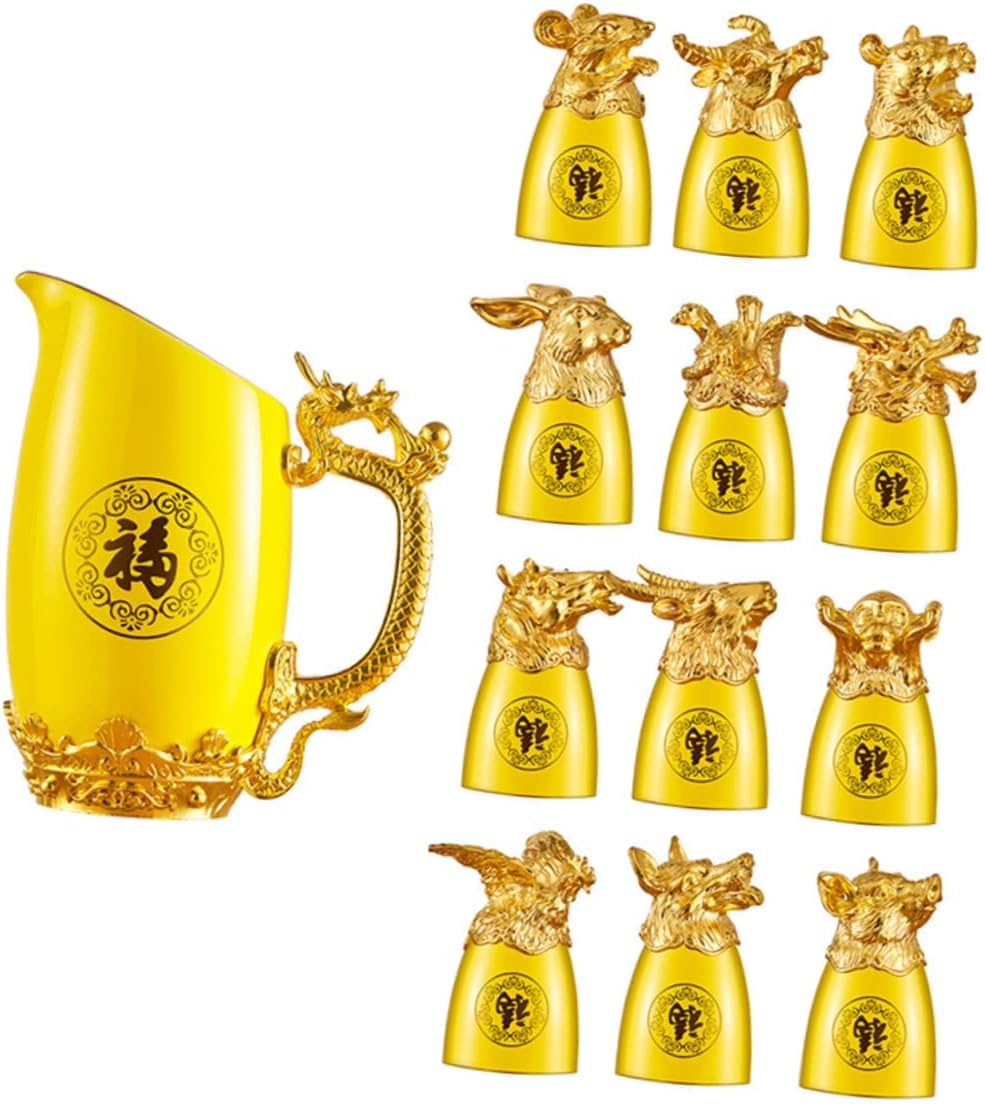 Alipis Chinese Style Liquor Drinking Kit Ceramic Wine Glasses Gold Plated Zodiac Animal Decor Set
