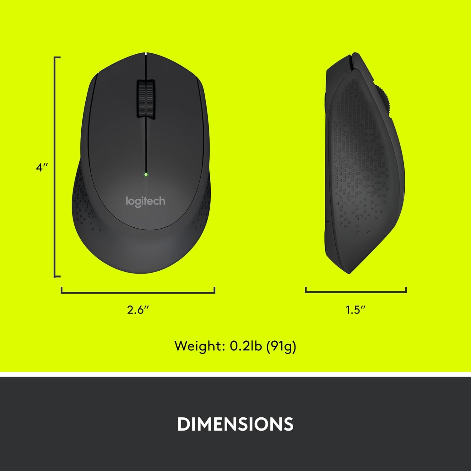 Logitech M280 Wireless Mouse dimensions in inches