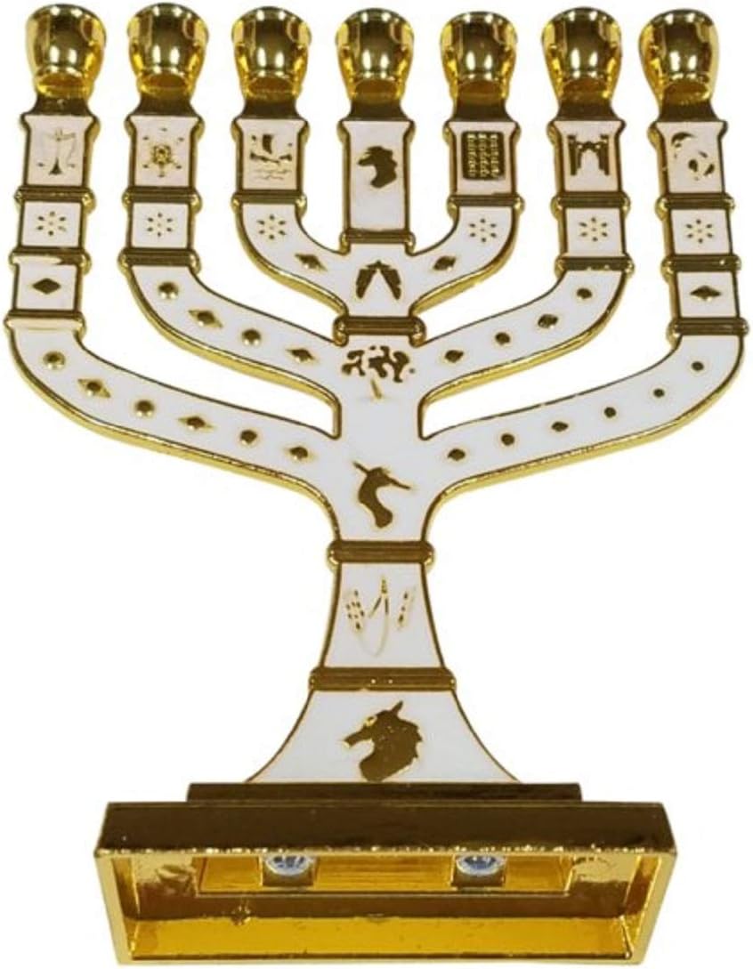 Bethlehem Gifts TM Jerusalem Temple Menorah 7 Branch Metal Candle Holder 12 Tribes of Israel 4.7" (Gold/White)
