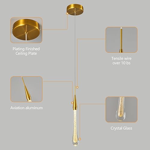Miniatura 6 de Moderna lámpara de techo para cocina, lámpara colgante LED regulable dorada con mini lágrima de cristal para cocina, isla, dormitorio, entrada,