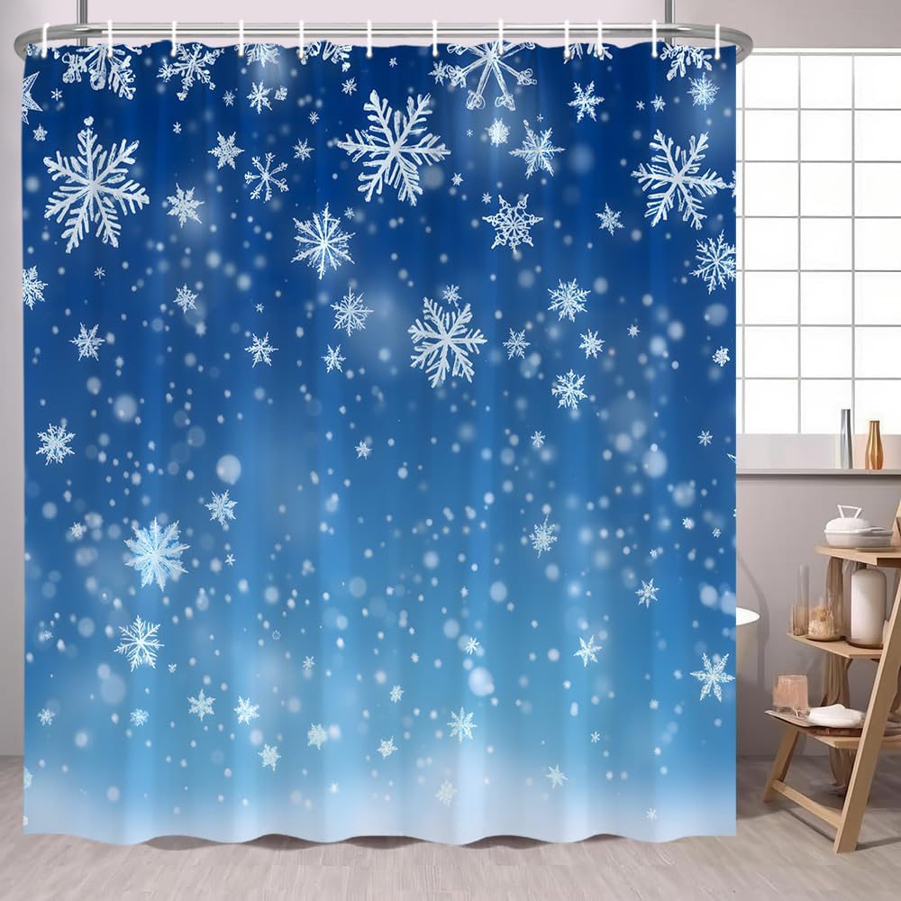 Christmas Snowflake Shower Curtain Winter Xmas Minimalism Blue Blurred Background New Year Holiday Bathroom Decor Curtain Polyester with Hooks 70" L x 108" W