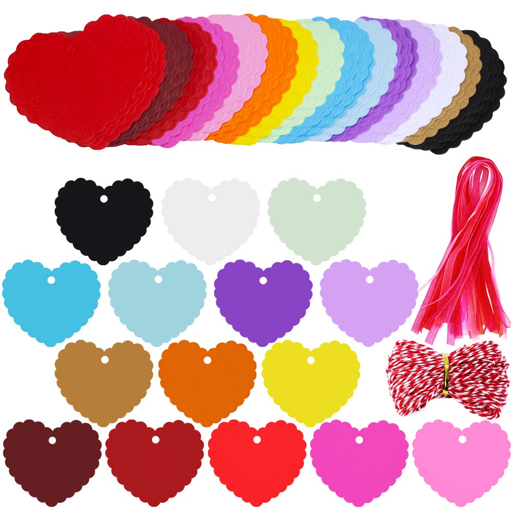 Supla 120 Pcs 15 Colors Valentine's Day Wavy Heart Cut Out Gift Tags with Hole Favor Tags Blank Paper Hang Tags Treats Tags Hang Tags Hang Label Cards Wish Tree Tags and Organza Ribbons Bakers Twine
