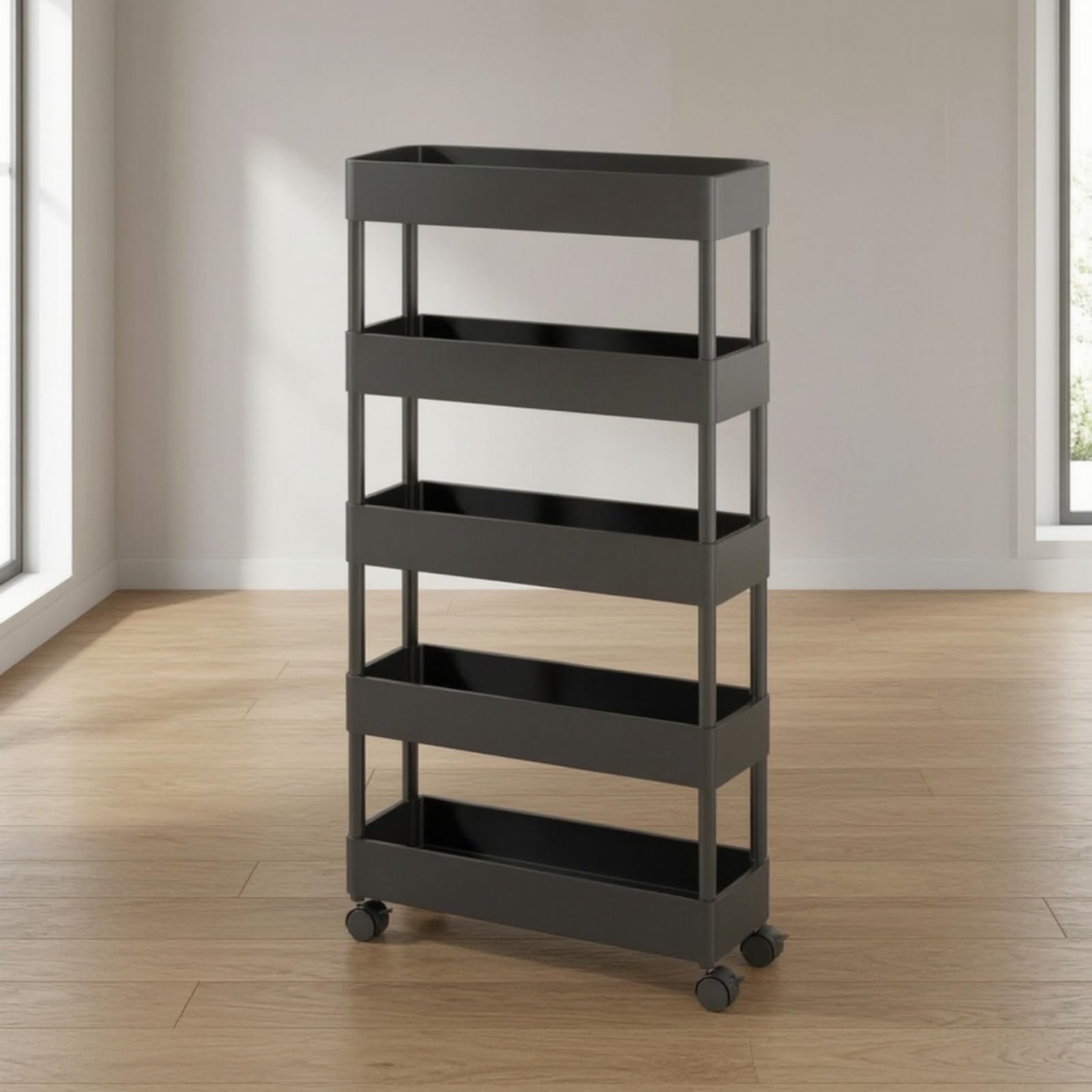 Scaffale Portaoggetti Portatile Carrello Organizzatore Ripiani Scaffalatura Mobile Contenitore Verticale in Plastica con Binari Laterali per Borse E, Nero, size to 4