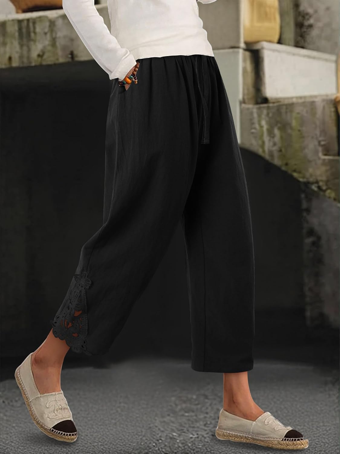 Angerella Womens Cotton Linen Pants Casual Lightweight Drawstring Elastic Waist Trousers Summer Lounge Pants with Pockets - Image 3