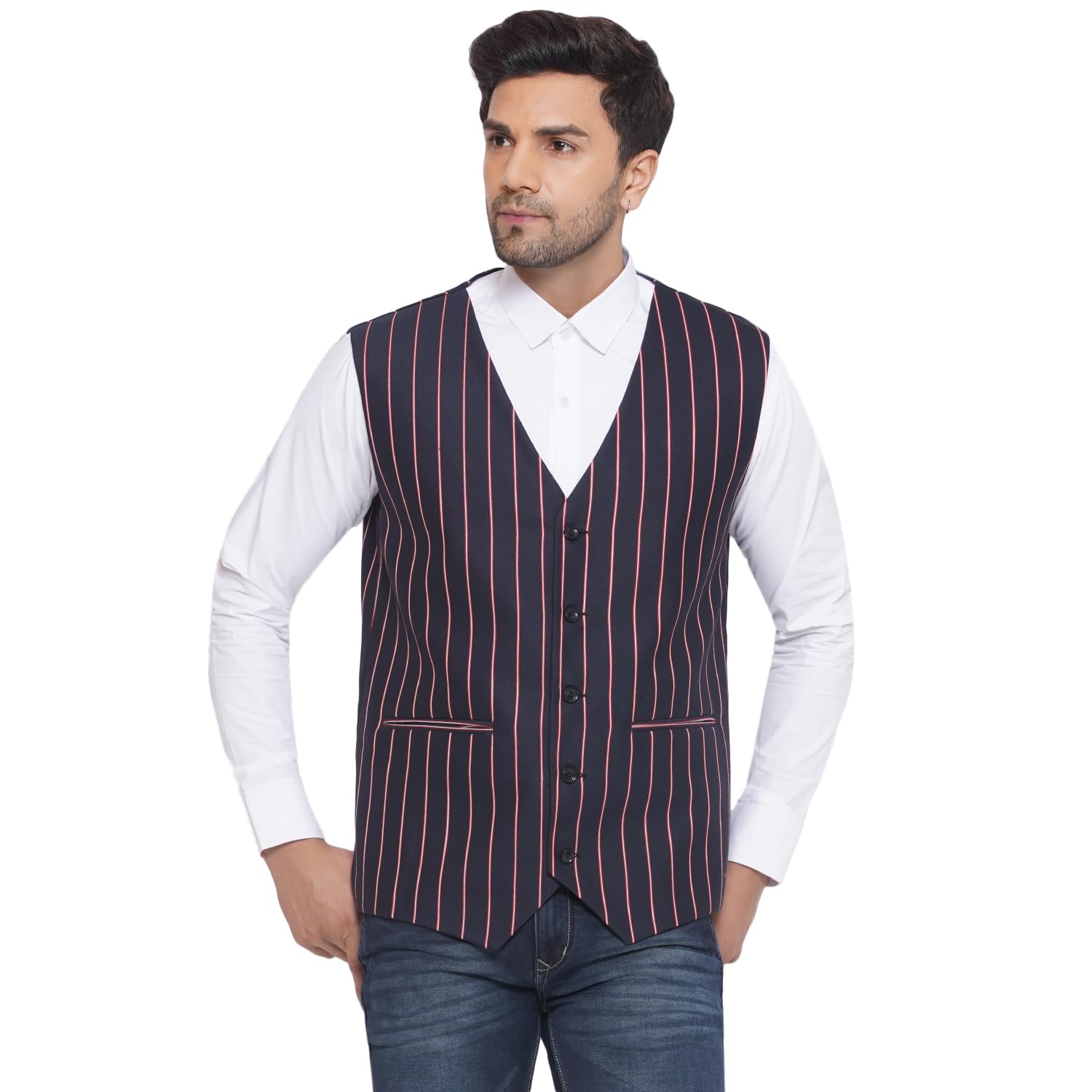 Cotton Poly Red Striped Waist Coat for Men (Blue)-image-30