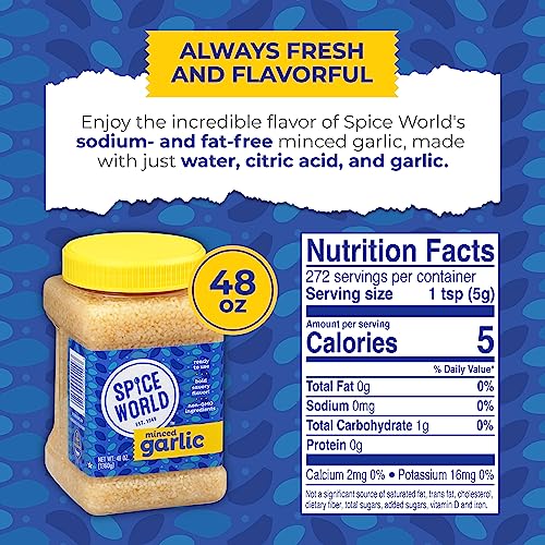 Spice World Minced Garlic – Bulk 48 oz Garlic Container – Ready-to-Use Seasonings for Cooking, Reduce Prep Work and Easily Add Flavor