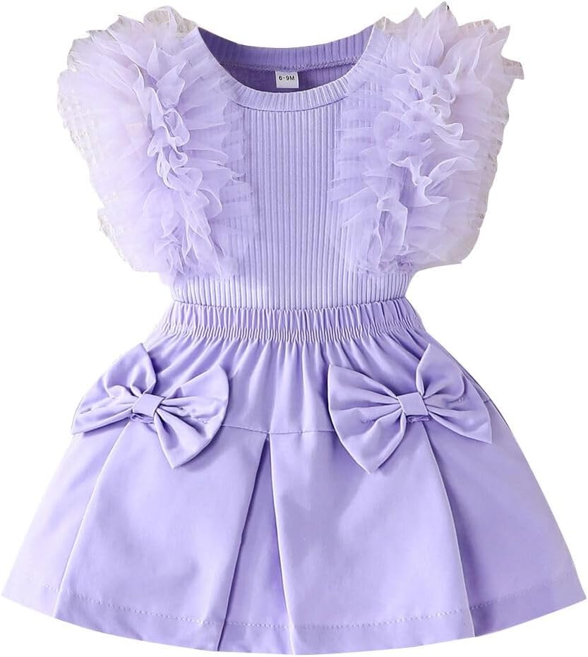 Noubeau Toddler Baby Girl Summer Clothes Sleeveless Ribbed Knit Vest Tops Bowknot Mini Skirts Set 2Pcs Outfits (Purple,6-9 Months)