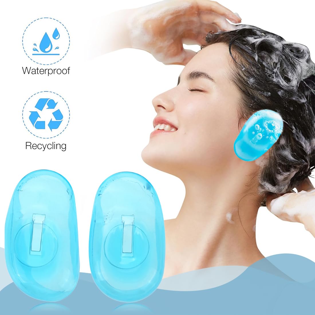 1Pair Silicone Ear Cover – Waterproof Reusable Ear Protectors For Hair Dye, Shower, & Curling Iron, Flexible Fit (Blue)