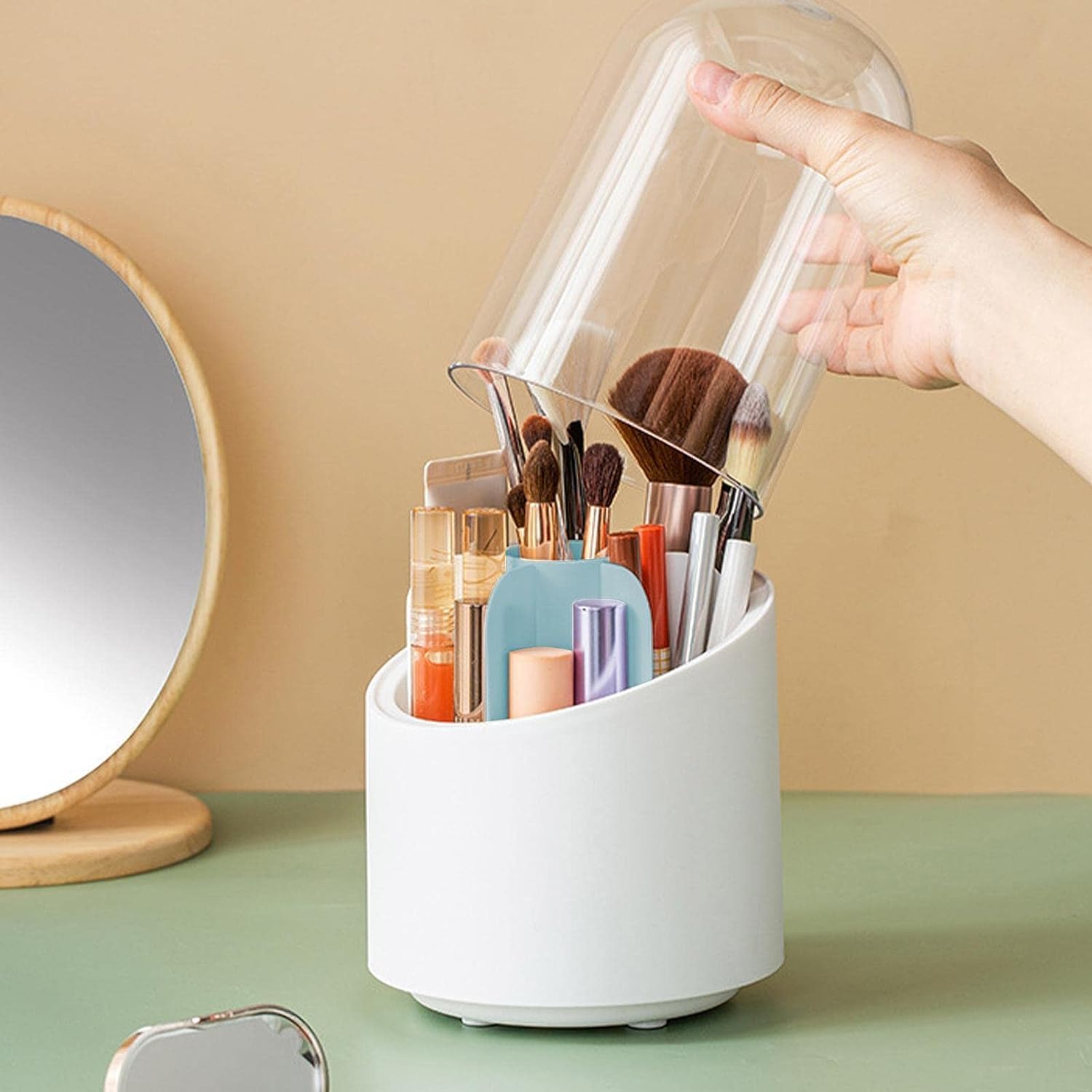 House of Quirk Makeup Brush Holder,360 Rotating Cosmetics Make up Brush Organizer Storage with Lid for Vanity Dustproof (Blue) (B0CDGVWXG7) Amazon Price History, Amazon Price Tracker