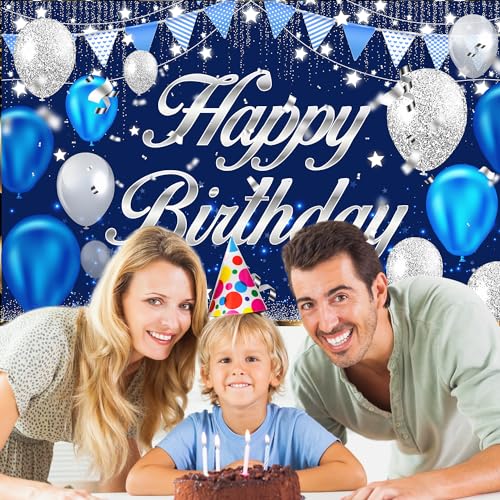 Image of Happy Birthday Banner - Birthday Decorations for Men Women Boys Girls Blue Sliver Birthday Party Banners Welcome Happy Birthday Background Sign Theme Party Decorations Indoor Outdoor