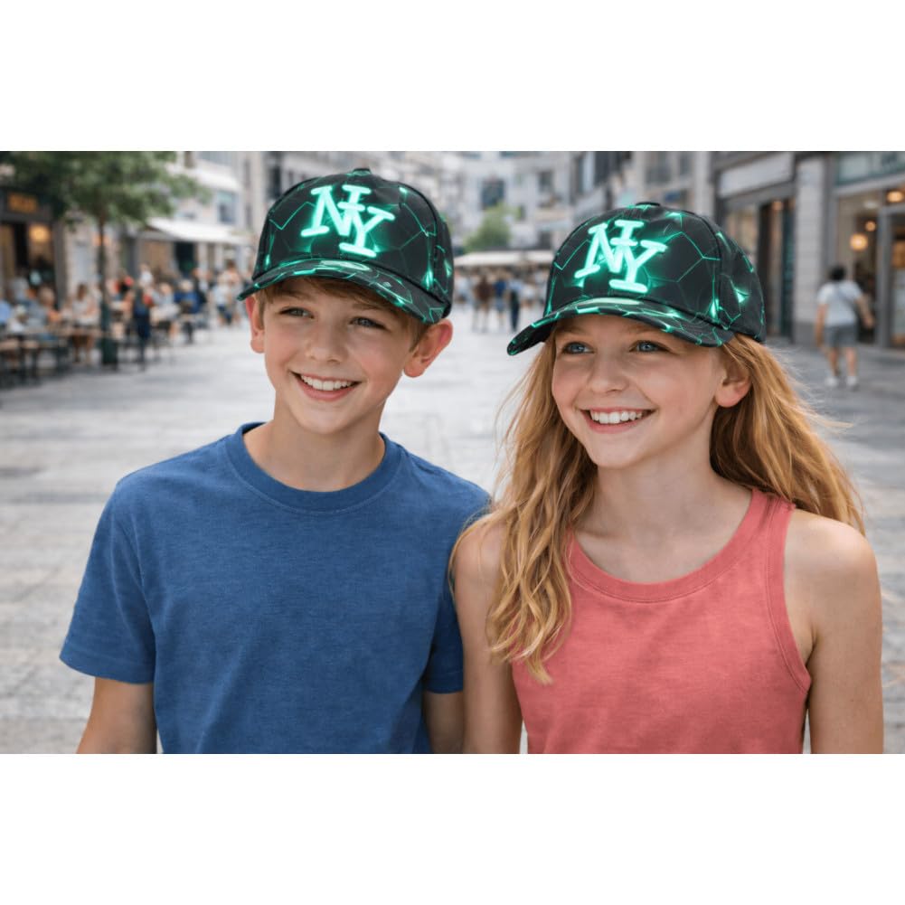Hip Hop Honour Casquette Enfant NY Turquoise Motif Géométrique Noir Streetwear 7 à 12 Ans Garçon Fille