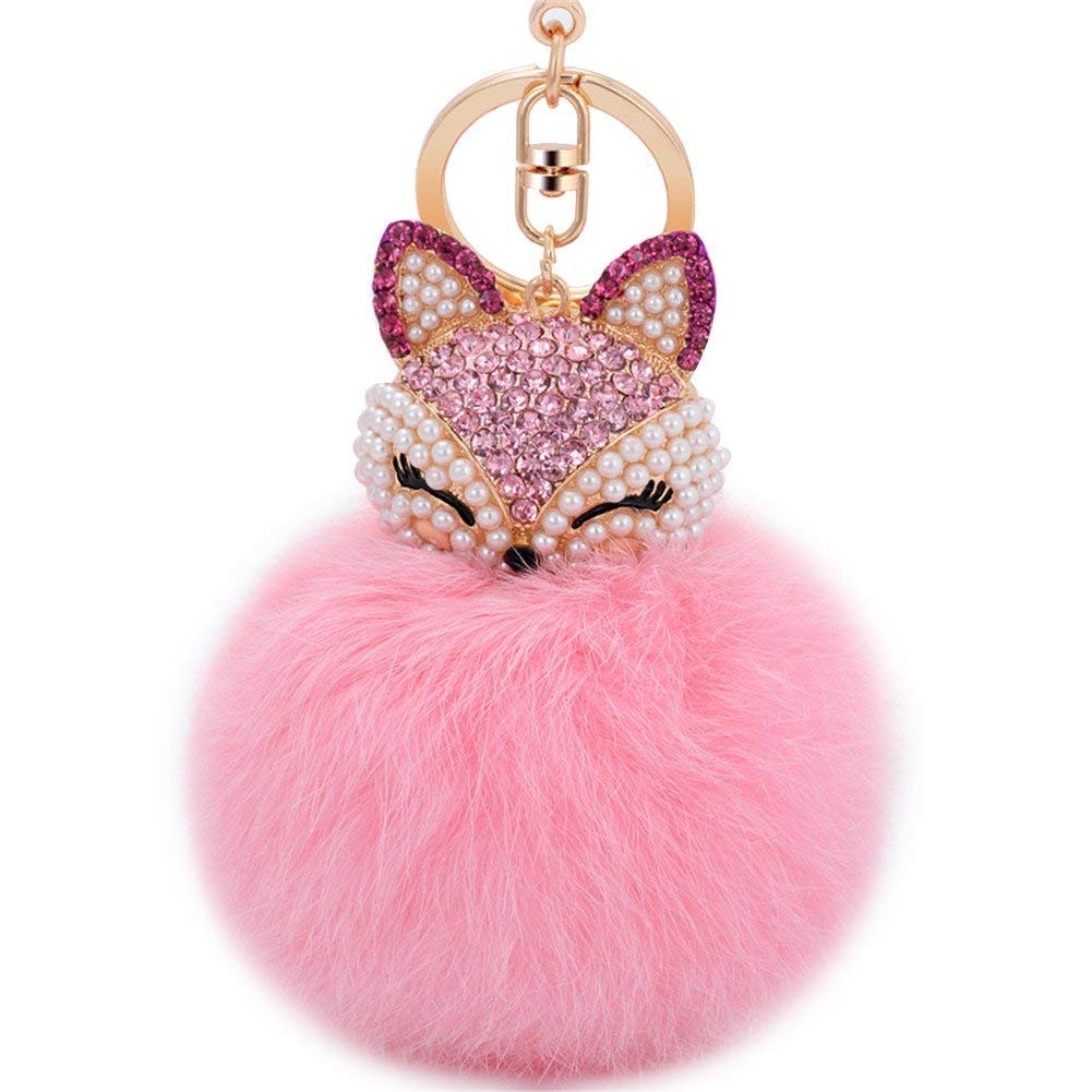 EASYAAnimal Key Keychain Real Fox Fur Ball with Artificial Fox Head Inlay Pearl Rhinestone Key Chain for Womens Bag or Cellphone or Car Pendant,Pink+Keychain