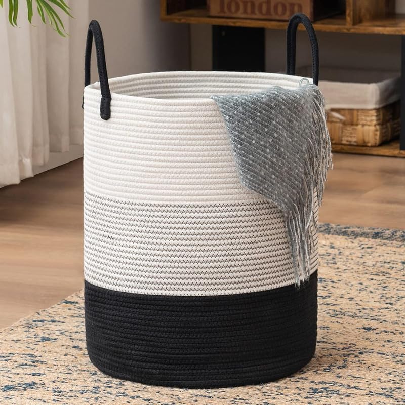 Image of Jute Cotton Rope Laundry Basket with Handles, Large Tall Clothes Hamper for Bedroom, Baby Nursery, Bathroom, Laundry Room & Home Storage Organizer (14x16 Inch, White Black Grey)