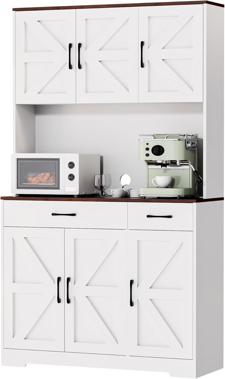 71 Pantry Cabinet with Charging Station kitchen storage cabinet microwave stand 8Zone organization 2 SmoothGlide drawers open countertop dining kitchen living room White