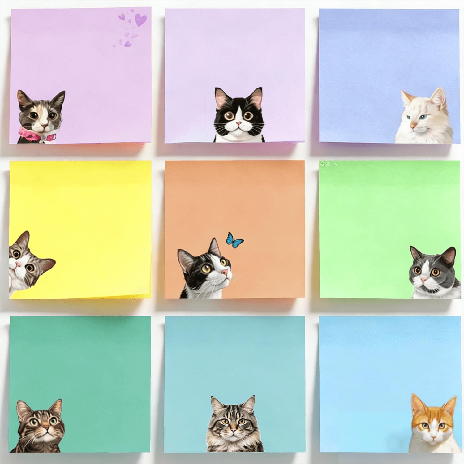 Cute Sticky Notes, 75x75mm Coloured Sticky Notes Set 9 Pads,Cat Stationery
